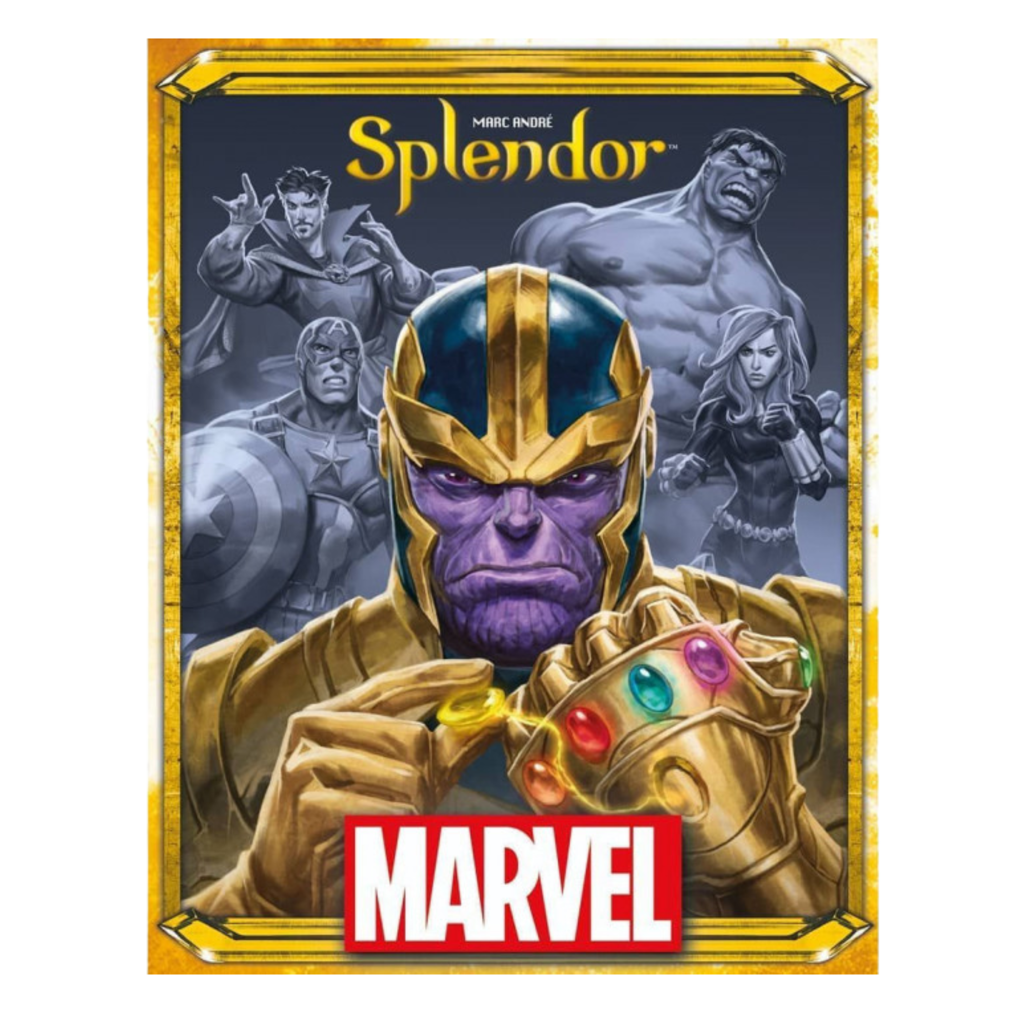 Marvel-themed game box with Thanos and other characters, featuring the Marvel logo.