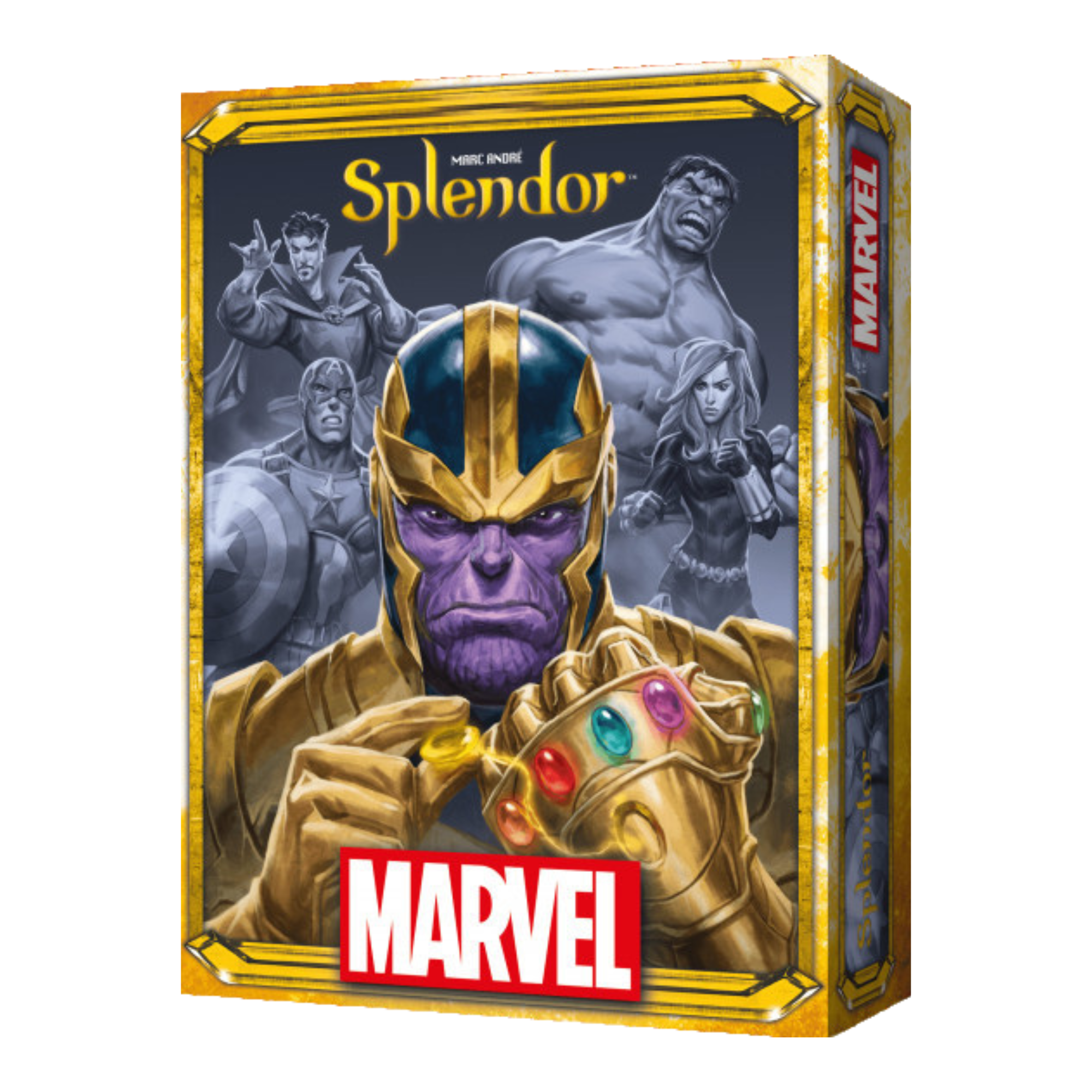 Marvel-themed game box with Thanos and other characters on a white background