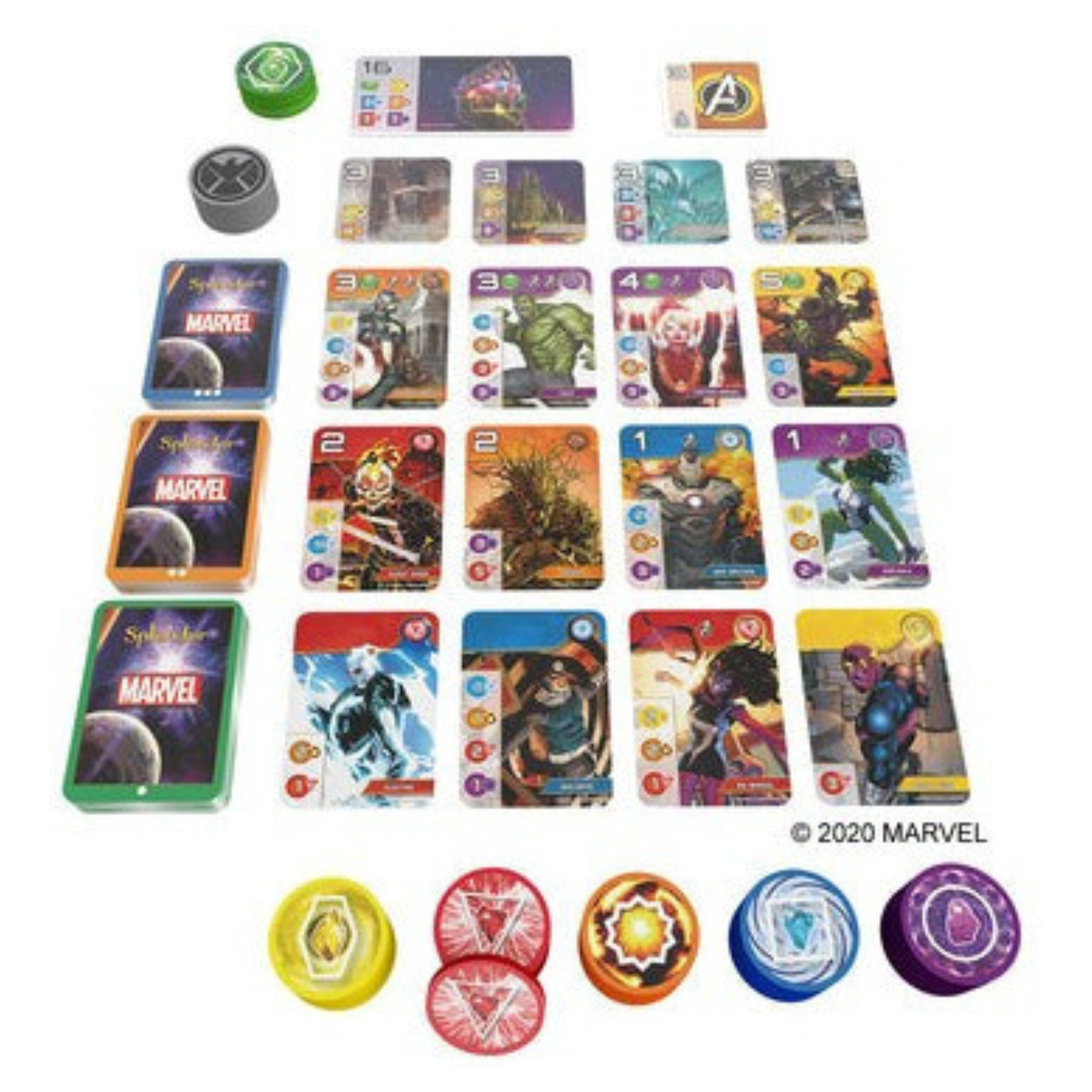 Marvel-themed cards and character discs on a white background - Splendor Marvel