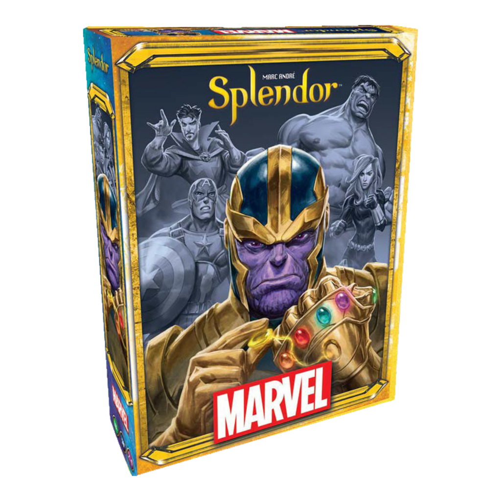 Marvel-themed 'Splendor' game box with Thanos on a white background