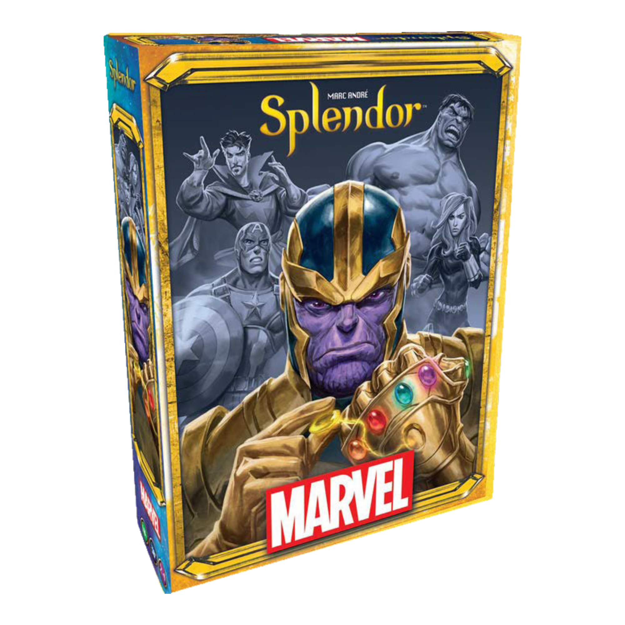 Marvel-themed 'Splendor' game box with Thanos on a white background