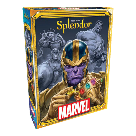 Marvel-themed 'Splendor' game box with Thanos on a white background