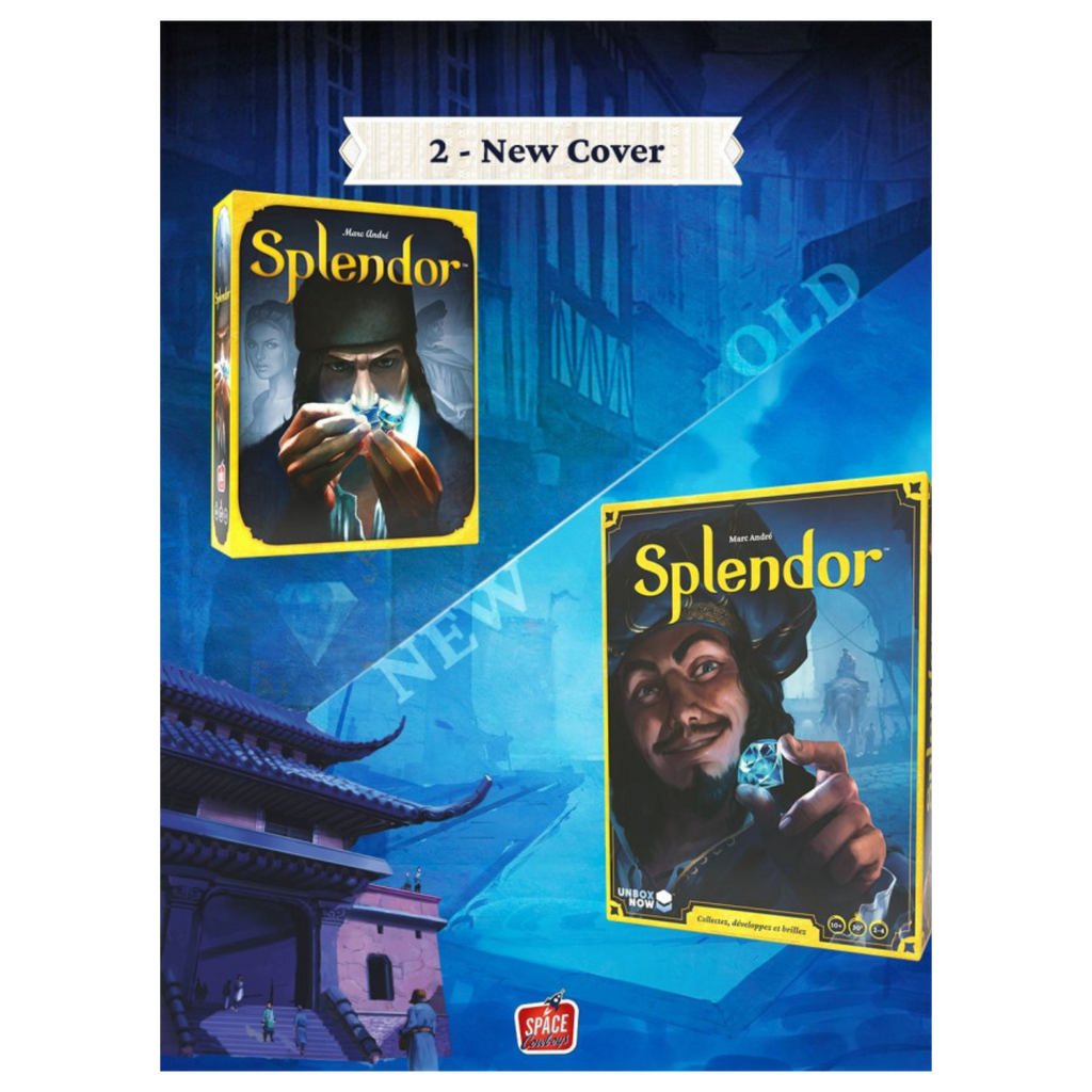 Two versions of a 'Splendor' game box with a blue architectural background