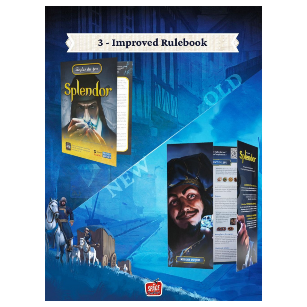 Promotional image of 'Splendor' game rulebook with blue and black design