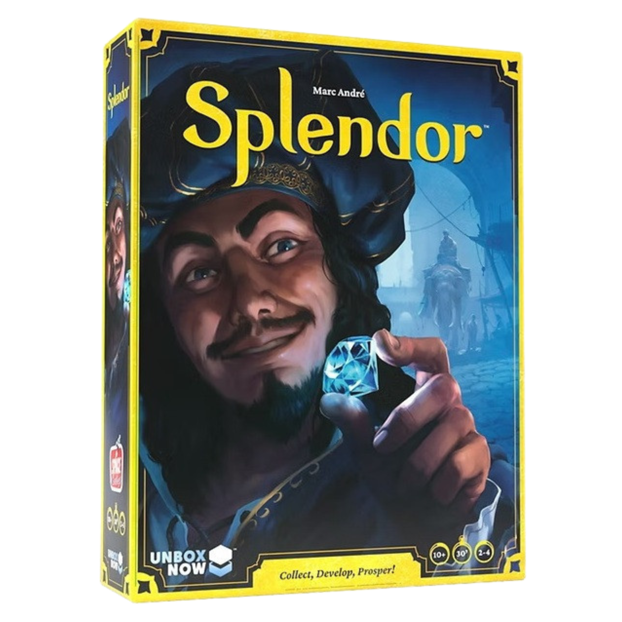 Board game box for 'Splendor' with a character holding a gemstone on a blue background