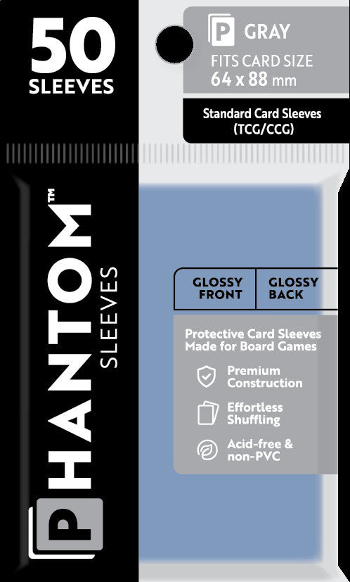 Phantom Sleeves: Gray Size 64mm x 88mm - Gloss/Gloss (50) - Wizard's Arcane Tabletop Tavern